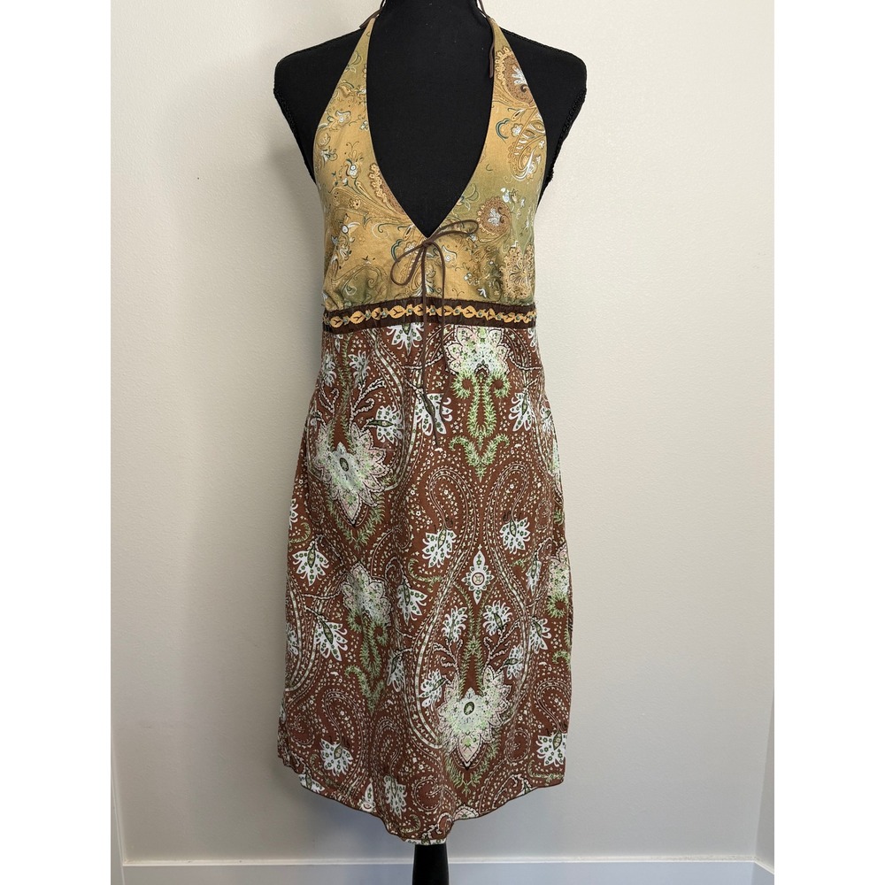 Y2k Xhilaration Paisley Halter Dress Brown Green XL Boho Empire Waist V-Neck